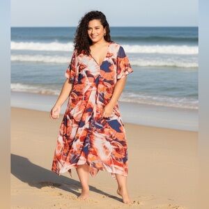 AVENUE 30/32 Dress Marina Orange Blue Abstract Floral MIDI Maxi Handkerchief